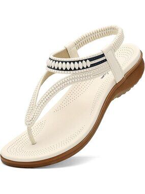 Women's Arch Support Flip Flops Cream White Shoes Ankle Strap Flat Sandals